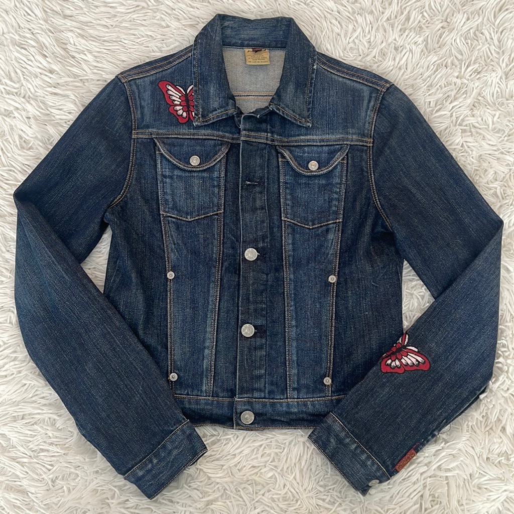 7 For All Mankind Embroidered Butterfly Patches Denim Jean Jacket Size Small